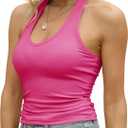 GEMBERA Womens Backless Halter Neck Front V Neck Camisole Basic Casual Fitted Cropped Tank Tops Shirts (Pink, S)