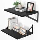 Black Deep Floating Shelves for Wall, 16W x 12D Wood Wall Shelves Set of 2, Wide Floating Bookshelf for Living Room, Kitchen, Office, Bedroom and Decor Storage, with Metal Bracket - Black