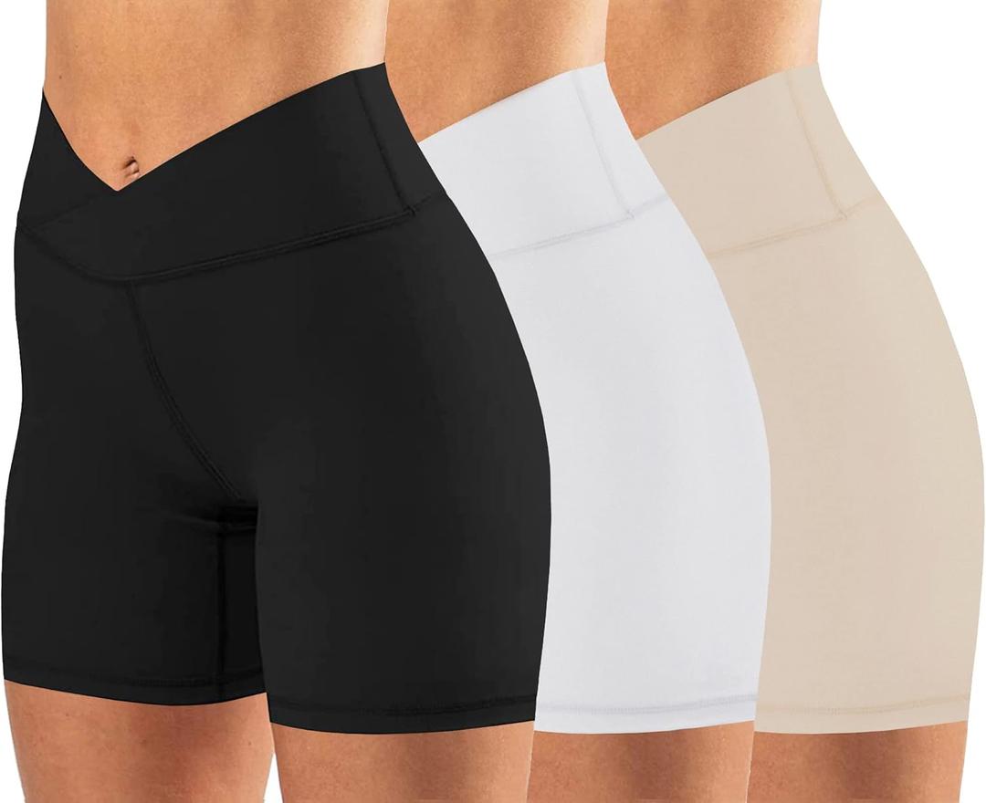 keriffe Womens Crossover Biker Shorts 5" High Waisted Yoga Workout Athletic Running Spandex Shorts (3 Pack Black/Khaki/White)
