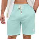 JMIERR Mens Shorts Linen Cotton 7" Casual Elastic Waist Drawstring Lightweight Summer Beach Shorts with Pockets (Blue, L)