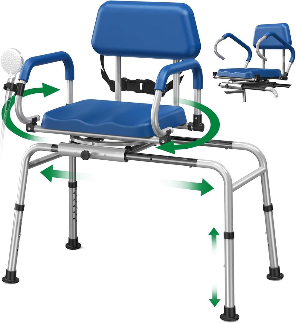 FSA/HSA Eligible Sliding Shower Chair Tub Transfer Bench for Bathtub with Swivel Seat, Padded Shower Bench with Pivoting Arms, Height Adjustable Shower Seat, 350 lbs, Blue, Larger