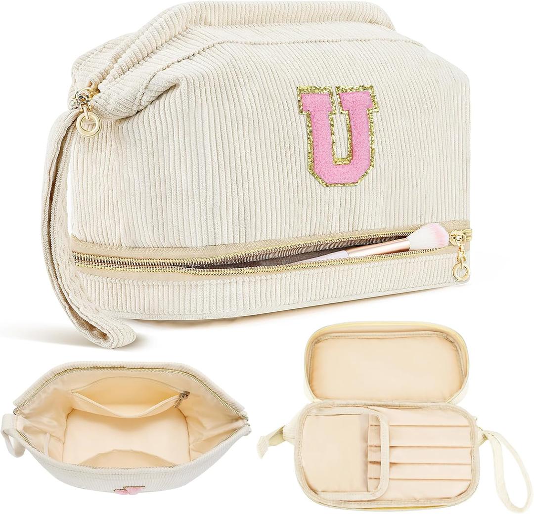 Makeup Bag for Girls Gift, Personalized Valentines Day Gifts Initial Women Makeup Bag for Travel, Double Layer Cosmetic Bag with Brush Organizer Preppy Make up Bag for Teen Girl Trendy - U