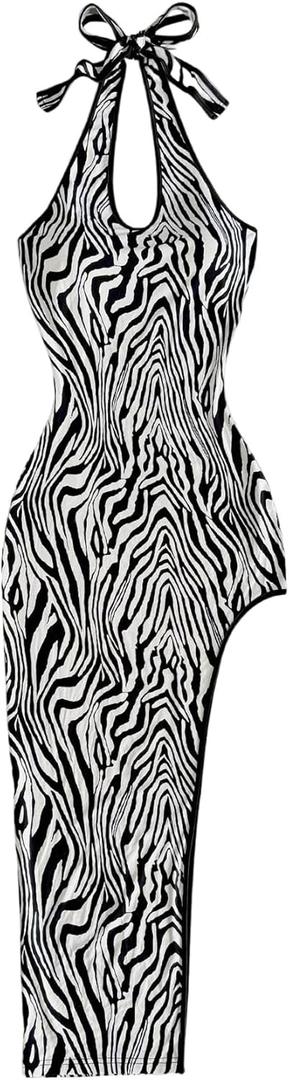 SOLY HUX Women's Zebra Striped Halter Maxi Dress Sleeveless Asymmetrical Split Bodycon Party Vacation Long Dresses (Medium, Black and White Print)