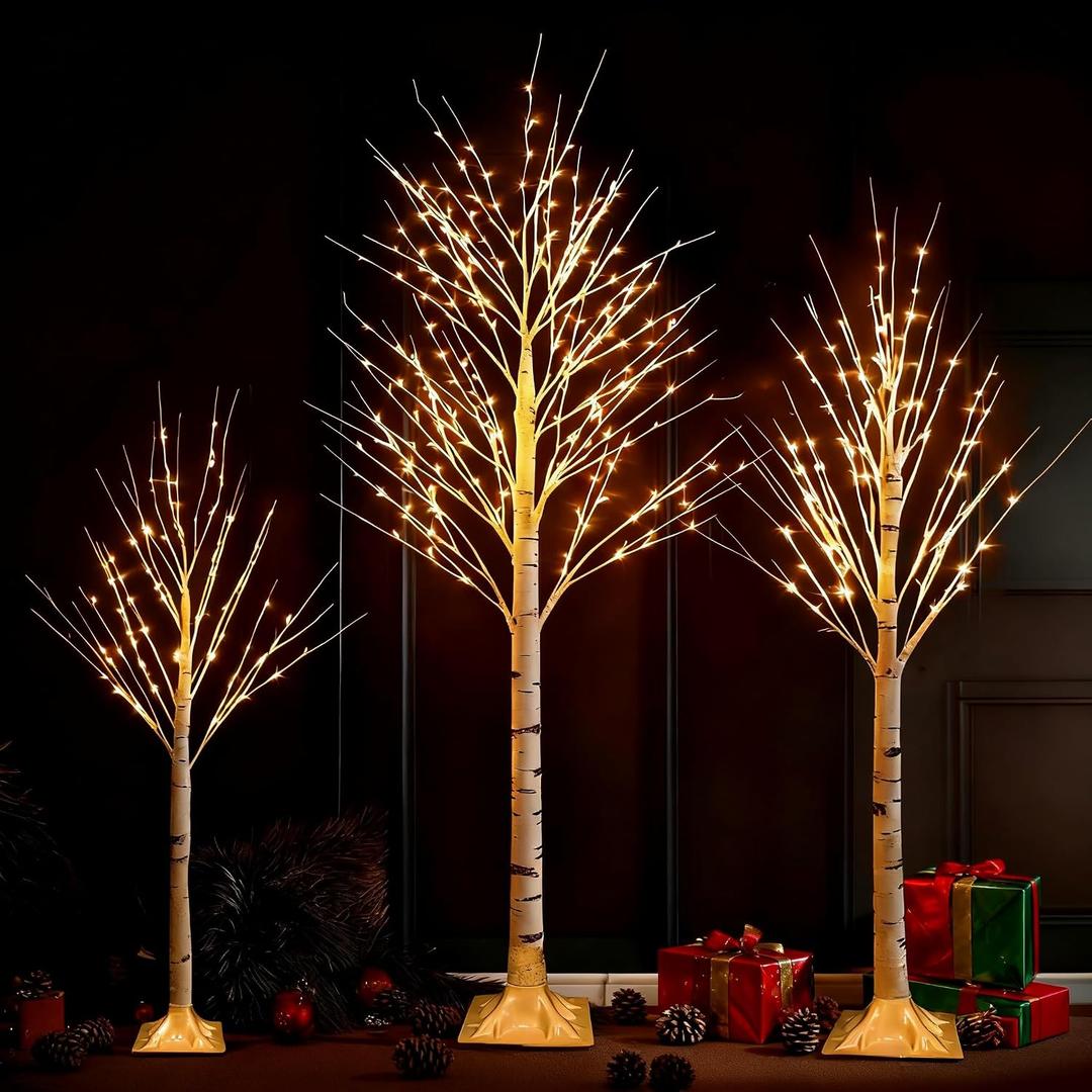Set of 3 Lighted Birch Tree, 4FT 6FT 8FT White Artificial Christmas Tree with Total 456 LED Light, Prelit Waterproof Christmas Decoration for Indoor Outdoor Thanksgiving Wedding Holiday