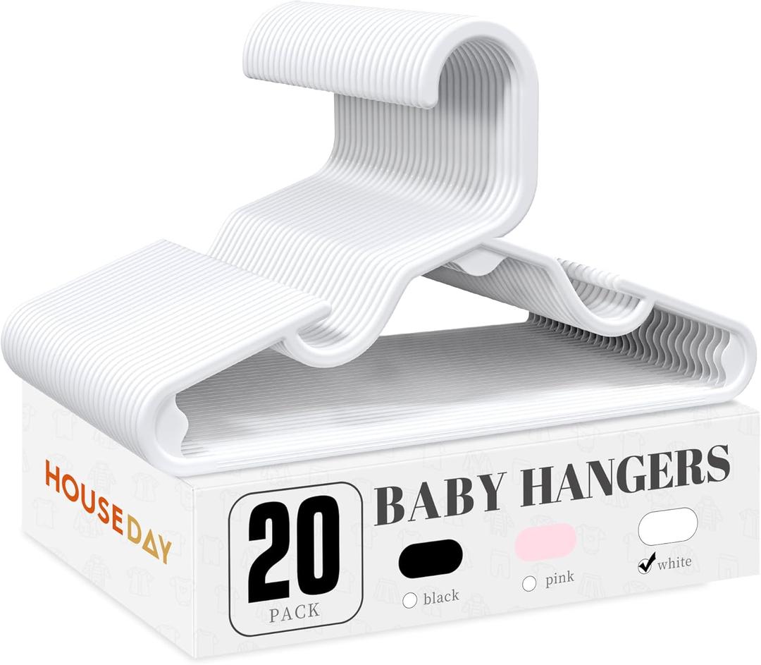 HOUSE DAY Plastic Baby Hangers for Closet 20 Pack, Durable Plastic Kids Hangers for Baby Clothes, Thin & Compact Childrens Hangers, Space Saving White Baby Hanger, Small Hanger for Kids Clothes