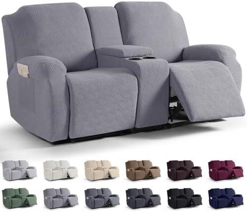 KinCam Loveseat Recliner Covers with Middle Console Slipcover, Recliner Sofa Covers 2 Seat Couch Cover Stripe Jacquard Furniture Protector Covers with Elastic Bottom for Kids, Pets (Light Gray)