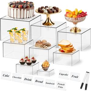 8 Pcs Clear Acrylic Boxes for Display, Acrylic Food Risers & Acrylic Cube Set (3"-8"), with 8 White Display Boards & 2 Markers, Clear Risers for Food, Decor, Party, Retail
