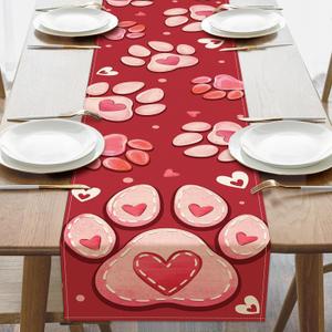 Valentines Day Dog Cat Paw Prints Table Runner, Red Love Hearts Kitchen Dining Table Decoration Pet Lover Gift, Anniversary Wedding Burlap Indoor Outdoor Home Decor Party Supply 13 x 108 Inches