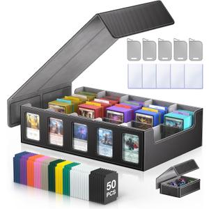 Trading Card Storage Box 3900+ Capacity - 5-Row Card Case with Magnetic Lid & Commander Display for MTG TCG Sports Cards,Includes 5 Toploaders/50 Dividers/10 Stoppers/Dice Box/Cleaning Cloth (Black)