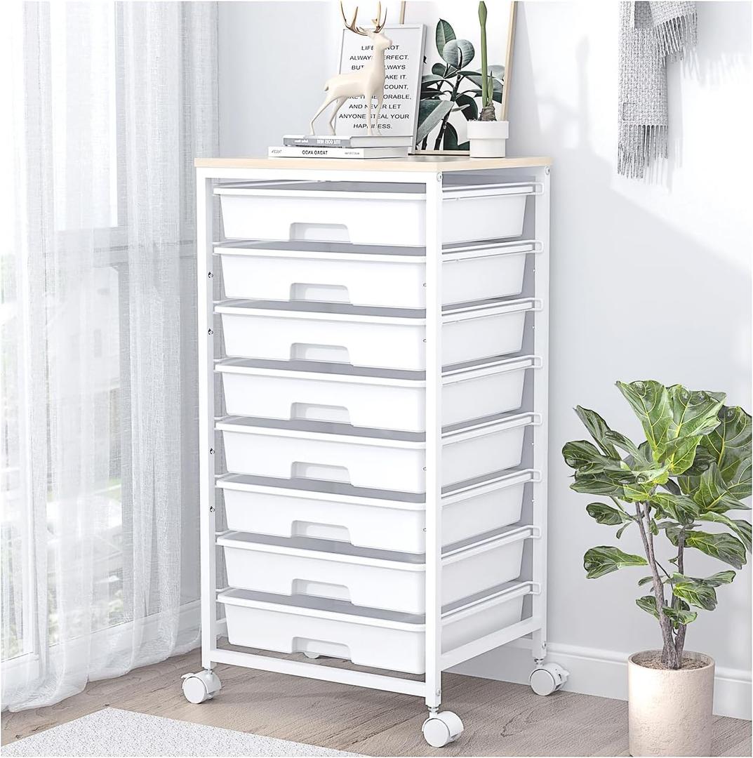 Rolling Storage Cart with Drawers,Utility Cart With 8 Drawers and Wooden Tabletop,Rolling Drawer Cart,Storage Drawer Cart for Living Room,Classroom,Bedroom,Bathroom,Dorm,Office,White
