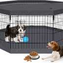 Foldable Metal Wire Dog Pen Pet Playpen Dog Fence Indoor Exercise Pen Enclosure Indoor Outdoor with Bottom Pad and Top Cover (Black 24 top Bottom Cover)