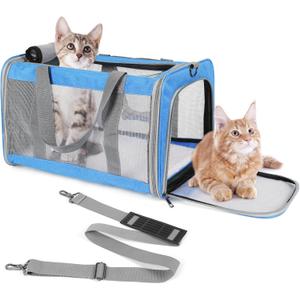 Pet Carrier for Large Cats of 20 Lbs, Collapsible Carrier Bag for Big Cat or 2 Kittens,Soft Sided Puppy Carrier with Sturdy Travel Transport Strap, Adequate Ventilation, 4 Mesh Windows (Blue)