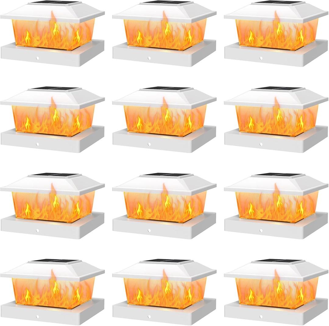 APONUO Solar Post Cap Lights with Flickering Flame & Warm White, 12-Pack for 4x4 Wood/ 5x5 Vinyl Posts, Solar Powered Deck & Fence Lights, Auto On/Off, IP65 Waterproof, Glossy White