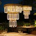 Solar Hanging Crystal Chandelier Outdoor Crystal Prism Light Waterproof Metal Light with Warm White LED Vintage Brass Finish Decorative Lantern for Patio, Garden, Gazebo,Party