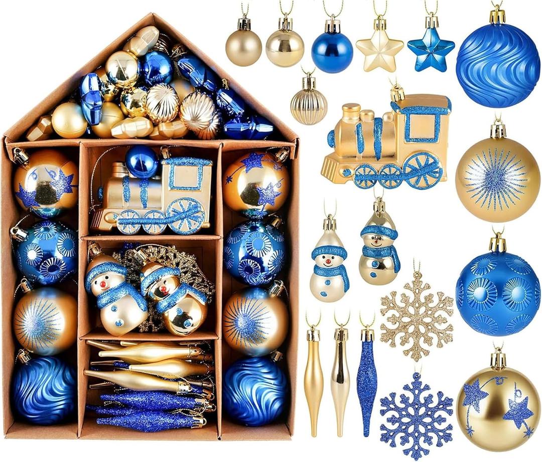 DomeStar 70PCS Blue and Gold Christmas Ball Ornaments Set, Large Hanging Shatterproof Xmas Tree Ball Ornaments Bulk Kid-Safe Pet-Friendly Party Decoration