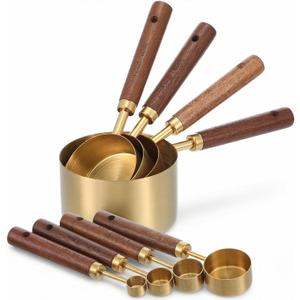 Kenaoeoe Gold Measuring Cups and Spoons Set 8 Piece Premium Stainless Steel Measuring Cups with Wood Handles Stackable Kitchen Measuring Set for Baking and Cooking