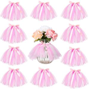 Tatuo 12 Pieces Mini Tutu Table Skirt Wine Bottle Cover Tutu Skirt Tulle Vase Skirt Decor Garland Centerpieces for Wedding Baby Shower Cake Dessert Birthday Party(Pink and White)