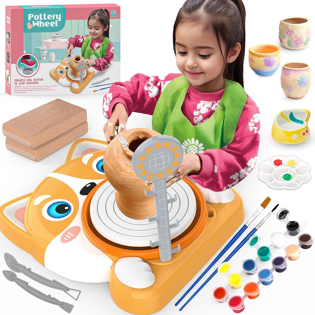Kids Pottery Wheel Kit - Mini Pottery DIY Kit & Tools for Beginners with Clay and Sculpting Tools, Complete Painting Kit Supplies Arts and Crafts Toys Gifts for Kids 4-6 6-8 8-12 Year Old Boys Girls (Yellow-Dog)