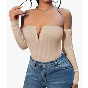 SOLY HUX Women's Off Shoulder Long Sleeve Sexy T Shirt Solid Slim Fit Tee Tops, XXL
