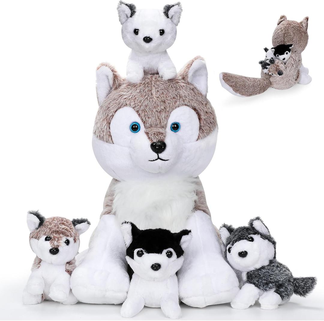 Miguelina 5PCS Wolf Plush Toys - 13.4 Inch Wolf Mom with Little Mini Babies Stuffed Animal Plush Huggable Cuddly Fluffy Wolf Plushie Family Set Easter Gifts