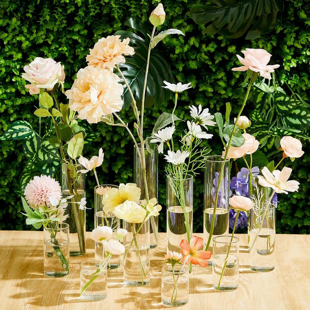 Teenyyou Bud Vases Set of 12 Tall Glass Cylinder Vases Clear Single Flower Glass Vase Bulk for Wildflower Party Centerpieces Wedding Decoration Floating Candle Holder Wedding Decor, 6 Sizes