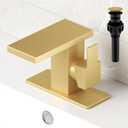 Hoimpro Bathroom Waterfall Sink Vanity Faucet with Pop-up Drain and cUPC Water Supply Line 6 Inch Deck Plate, Single Handle One 1 Hole, Stainless Steel Brushed Gold