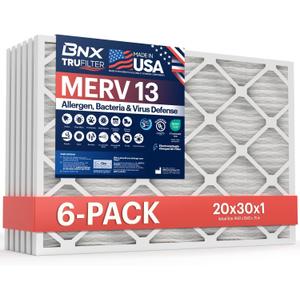 BNX TruFilter 20x30x1 Air Filter MERV 13 (6-Pack) - MADE IN USA - Electrostatic Pleated Air Conditioner HVAC AC Furnace Filters for Allergies, Pollen, Mold, Bacteria, Smoke, Allergen, MPR 1900 FPR 10