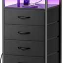 Huuger Night Stand with Charger Station and LED Lights, 4 Drawer Nightstand, Bed Side Table with Open Shelf, End Table, Fabric Dresser for Bedroom, Black
