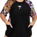 Halcurt Women's Plus Size Short Sleeve Rash Guard Top with Built in Bra Side Pockets UPF50+ Swim Shirts (2X, Black/Floral)