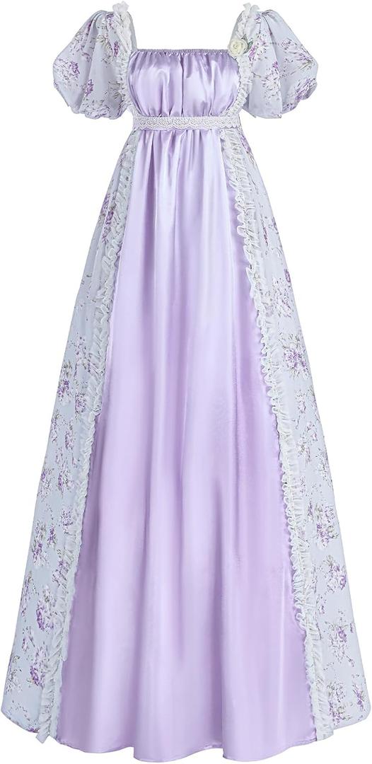 CR ROLECOS Regency Dress Women Empire Waist Regency Costume Victorian Luxurious Satin Southern Belle Dresses Purple L