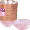 I00000 30 Pack 12 Ounce Pink Plastic Bowls Hammered Clear Bowl with Gold Rimmed, Heavy Duty Disposable Bowl Set,Elegant Salad/Dessert/Ice Cream Small Bowls for Thanksgiving Party, Weddings, Catering