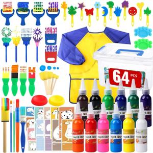 64 Pack Washable 12 Color Finger Paints Set with Sponges, Paint Brushes, Waterproof Paint Smock, Palettes, Cards, Storage Box for Toddler Early Learning Kids, Painting Set for Art, Crafts(2 oz Each)