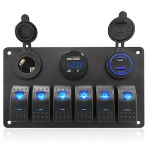THALASSA Marine Boat Rocker Switch Aluminum Panel Waterproof with 6 Gang Blue LED Switches, 3.1A Dual USB Outlet, Red Digital Voltage Display, DC 12V Car Power Socket for Car Truck RV Vehicles Yacht