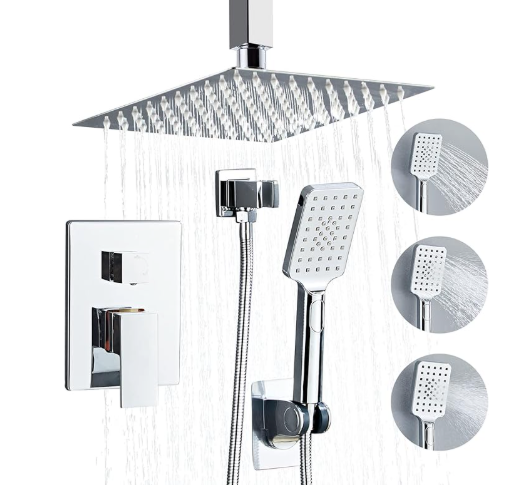 RTOBWEYE 8 Inch Ceiling Mount Shower Faucet Set, Polish Chrome Rainfall Shower System, Square Rain Shower Head with Handheld Spray Combo Ceiling, Silver Rainfall Shower Faucet Fixtures (3-Setting)