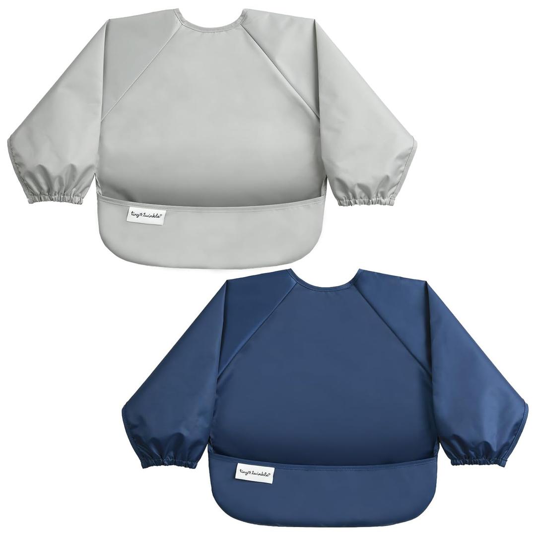 Tiny Twinkle Long Sleeve Bib for Babies & Toddlers | 2-Pack Waterproof Smock Bib for Eating | Machine Washable & Mess-Proof Feeding Essentials | Newborn Shower Gift (Grey Indigo,624M)