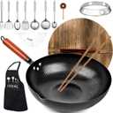 Carbon Steel Wok Pan, 14 Piece Woks & Stir-Fry Pans Set with Wooden Lid Cookwares, No Chemical Coated Flat Bottom Chinese Pan for Induction, Electric, Gas, Halogen All Stoves - 12.6''