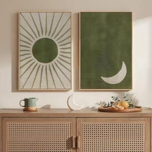 Framed Green Boho Wall Art Bedroom, Set of 2 Abstract Mid Century Modern Sun and Moon Canvas Artwork for Walls, Bohemian Paintings Prints Pictures Wall Decor Living Room Home Office, 16x24 Inch