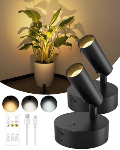 GOODEA Spotlights Indoor with Remote, 3000mAh Rechargeable Battery Plant Spotlight Indoor, Wireless Uplighting with 3 Colors & Dimmable, LED Picture Light for Painting, Artwork Accent Lighting(2 Pack)