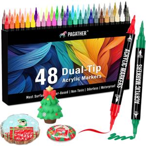 48 Colors Acrylic Paint Markers, Dual Tip with Fine Tip and Brush Tip Pens for Stone, Wood, Calligraphy, Canvas, Ceramic, Metal, Glass, Rock Painting, DIY Crafts