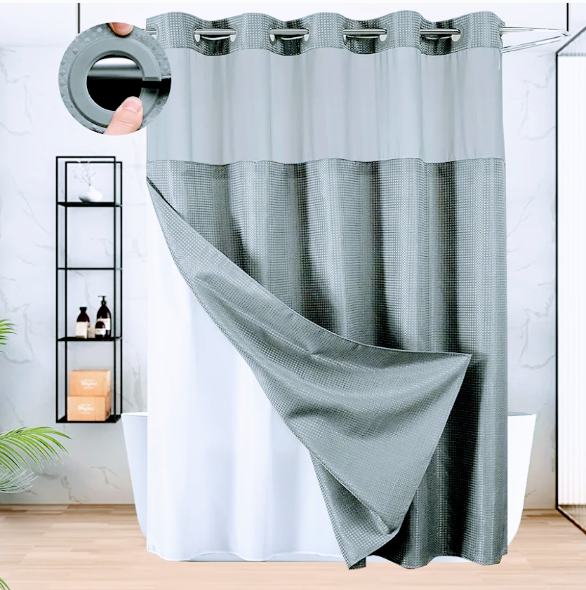 ADABOO Clear Shower Curtain with Snap-in Fabric Liner Set, Waffle Design, No Hook Washable Shower Curtain for Bathroom, Color: Grey, Size: 71"W x 75"L (Pack of 1)