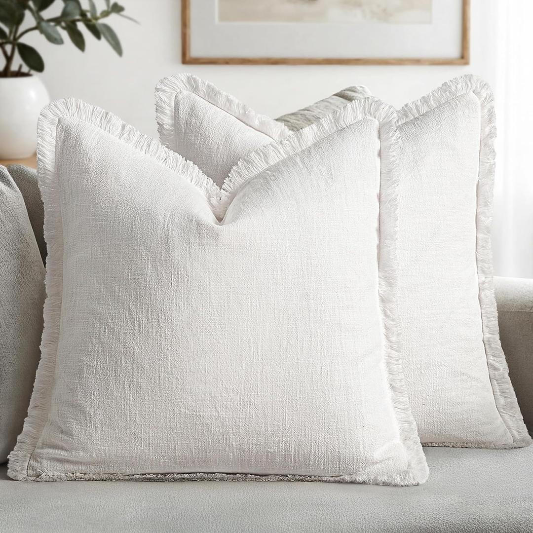 MIULEE Decorative Throw Pillow Covers Neutral Linen Fringe Throw Pillows Set of 2 White Boho Farmhouse Cushion Covers with Tassels for Couch Sofa Bed Living Room Home Spring Decor 18x18 Inch, White, 2
