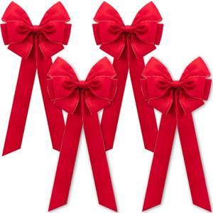 Iceyyyy 4 Pcs Large Christmas Bow,35.4" x 17.1" Red Velvet Golden Edged Bows,Christmas Tree Topper Ornament Bows for Valentine Wreath Xmas Home Front Door Decoration
