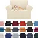 2025 New Stretch Chair Sofa Slipcovers Couch Cover for 1 Seater Furniture Protector Sofa Covers with Elastic Bottom Jacquard Fabric Small Checks for Pets, Kids - Beige