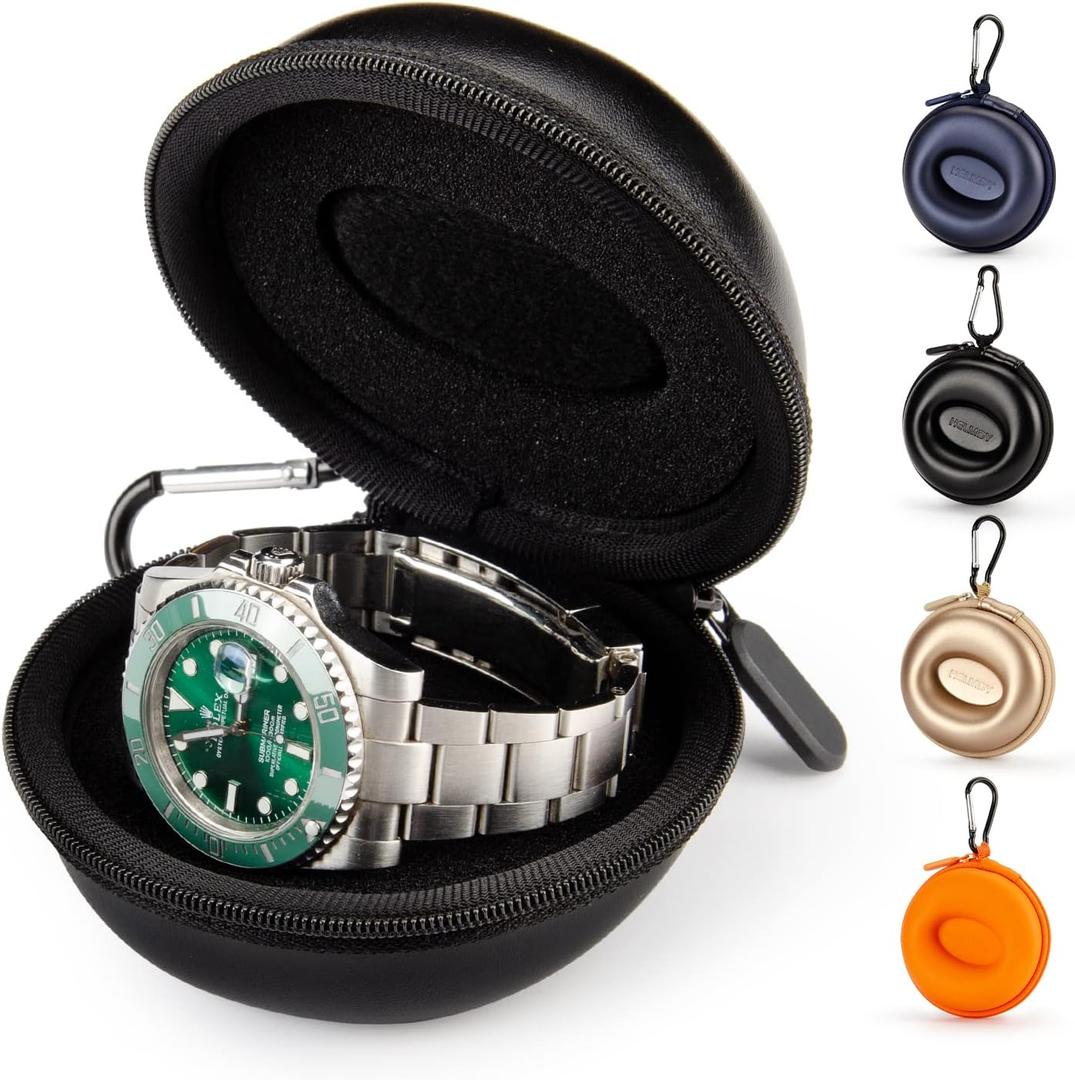 HELMDY Single Watch Travel Case: Portable Watch Box Organizer Travel Watch Case 1 Slot for Men & Women - Fits all Wristwatches & Smart Watches up to 50mm (Black）