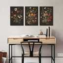 TUEASKY 3 Piece Canvas Wall Art Wildflower Wall Decor Botanical Pictures Floral Paintings Moody Framed Art Vintage Prints Dark Artwork
