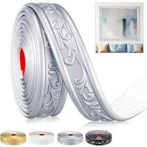Peel and Stick PVC Crown Molding Trim Flexible Molding Trim 13.1 ft x 1.8" Self Adhesive Wallpaper Wall Border Mirror Frame Baseboard Cabinet for Home Decor Edge Background(Silver)