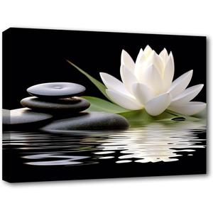 LZIMU Zen Canvas Wall Art White Lotus and Black Zen Stones Bloom in Water Picture Prints for Yoga Spa Meditation Spiritual Room Bathroom Decor (Zen-1, 24"x36")