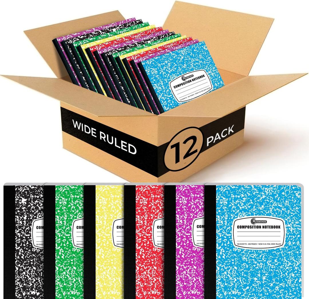Rosmonde 12 Pack Bulk Composition Notebook Wide Ruled, 200 Pages (100 Sheets), 9-3/4 x 7-1/2", Hard Cover Wide Ruled Notebook Bulk, Assorted Colors Composition Notebook For School