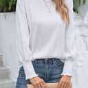 CiCiBird Women Casual Textured Tops Dressy Long Sleeve Solid Shirt Trendy Crewneck Work Blouses (White, M)