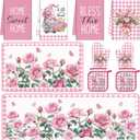 Fourluoo 10 Pcs Pink Rose Kitchen Decor Set Towels and Rugs Oven Mitts and Pot Holders Farmhouse Spring Kitchen Decor Set for Women Mom Gift Cooking Baking Grilling